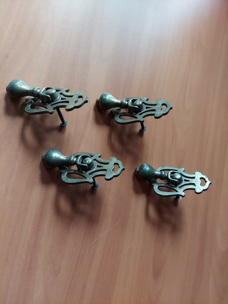 4 VINTAGE CAST METAL DROP HANDLE DRAWER PULLS WITH HARDWARE
