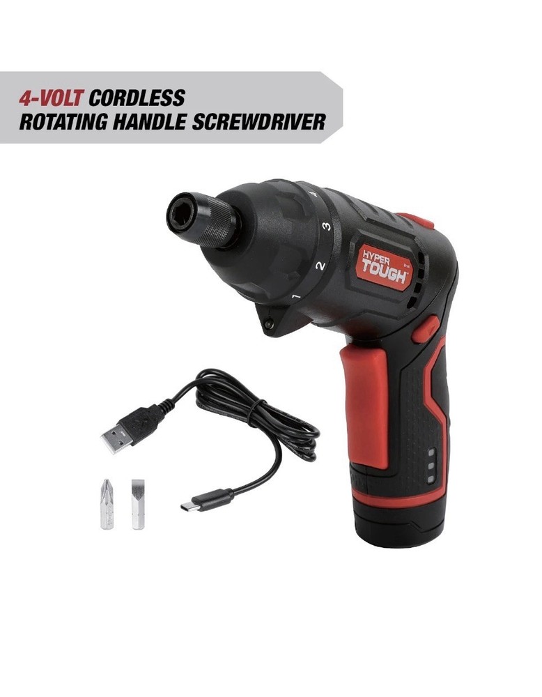 HYPER TOUGH 4V Rotating Head Cordless Screwdriver 2-Position Handle 6062