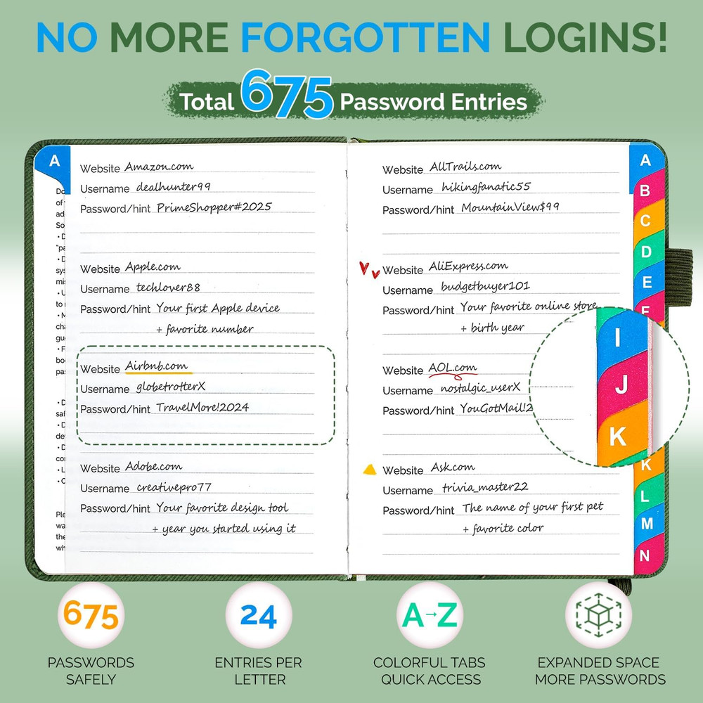 Password Keeper Book with Colorful Alphabetical Tabs, Small Internet Password Bo