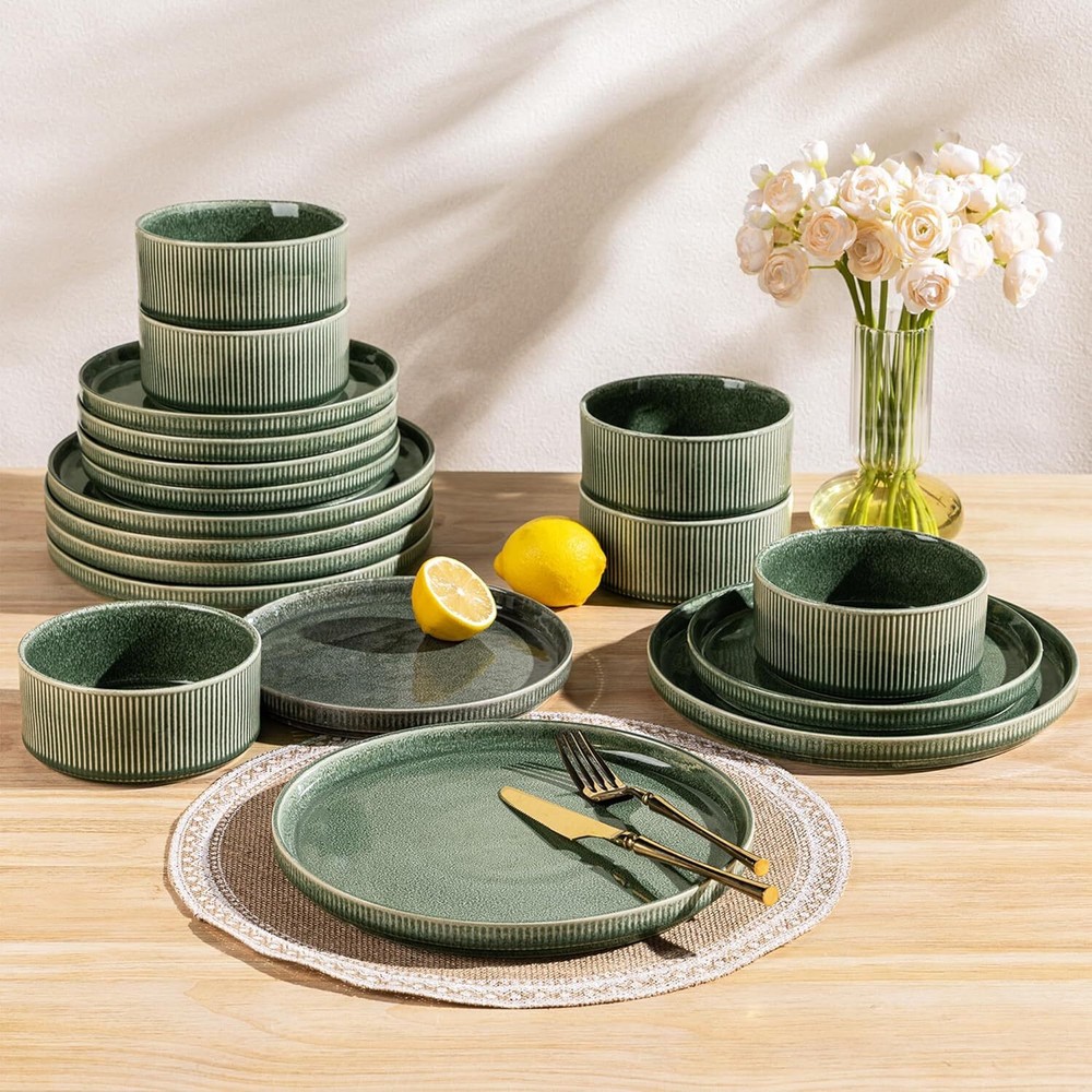 Stoneware Dinnerware Sets for 4,Round Reactive Glaze Ceramic Plates and Bowl Set