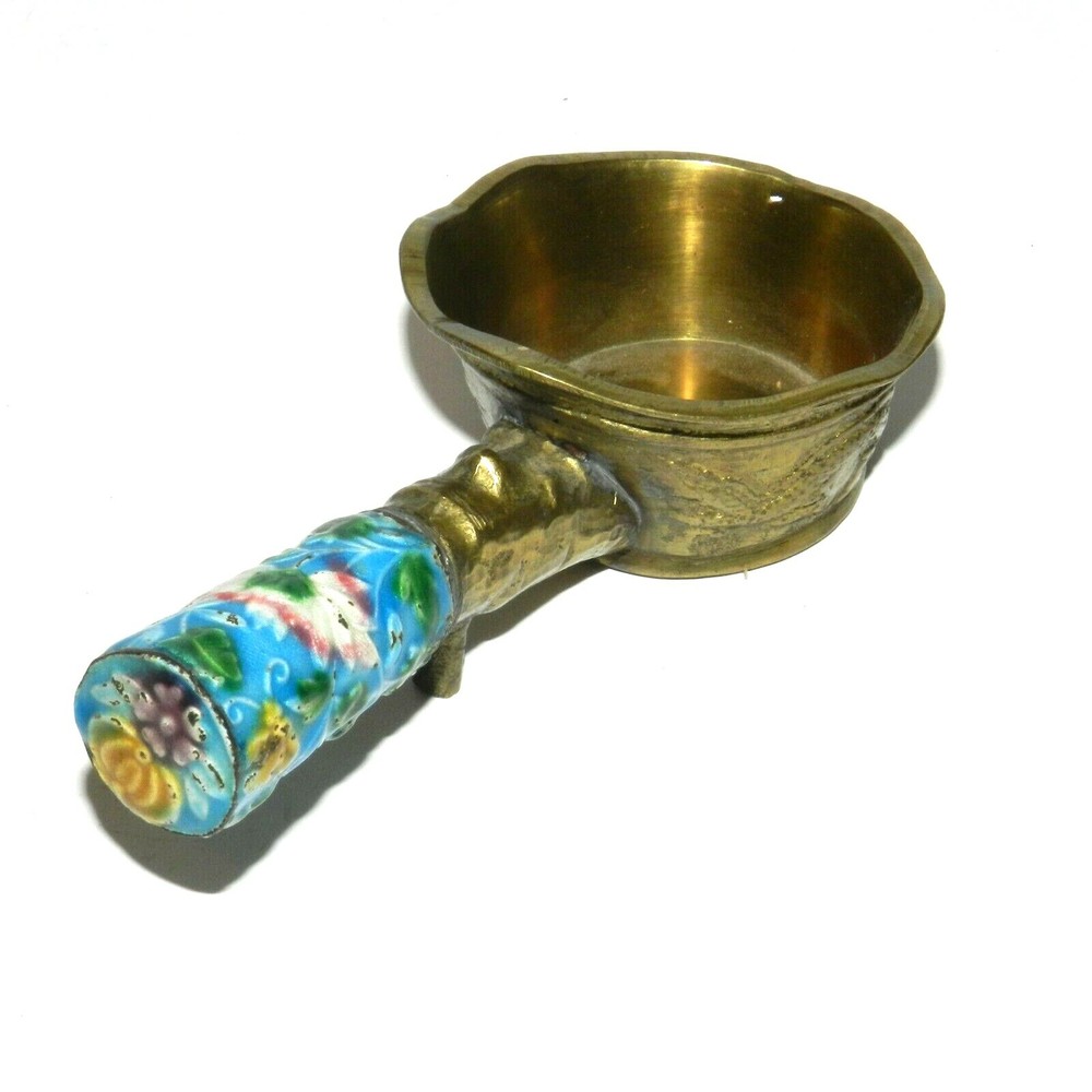 Vintage Chinese Silk Iron Solid Brass Enamel Handle Ashtray Vintage