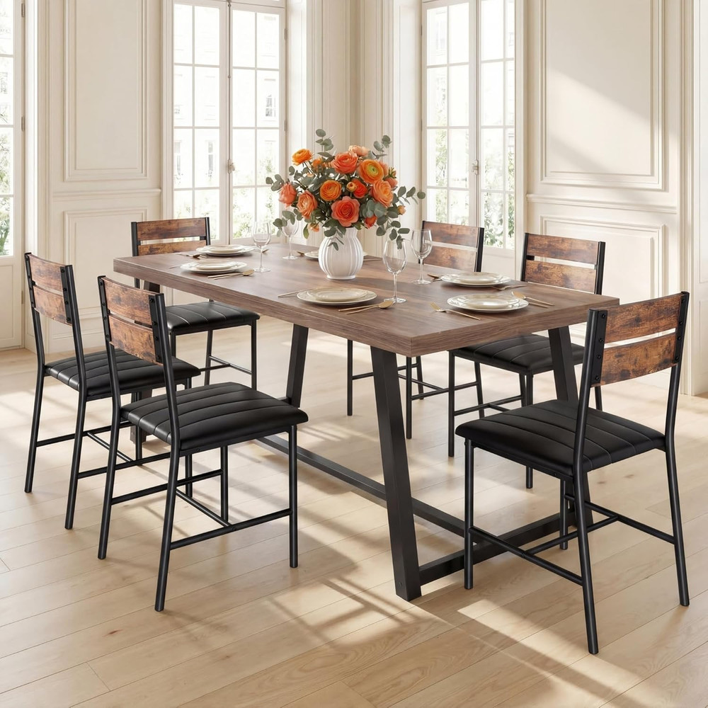 7-Piece Dining Table Set for 6, 71 Inch Rectangular Kitchen Table with 6 Upholst