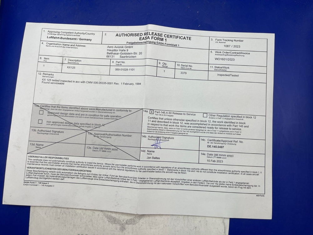 BENDIX/KING KX 125 14 VDC P/N 069-01028-1101 WITH EASA FORM 1