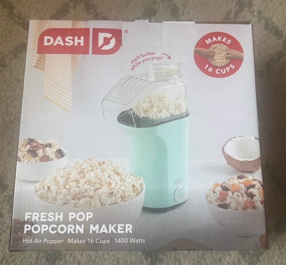 Dash 16-Cup Electric Popcorn Maker - 1400W, 8 Kernel Capacity, Aqua, Easy Clean