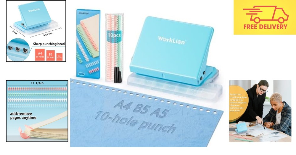 Metal 10-Hole Punch Binding Machine for Custom Planners - Blue, Space-Saving