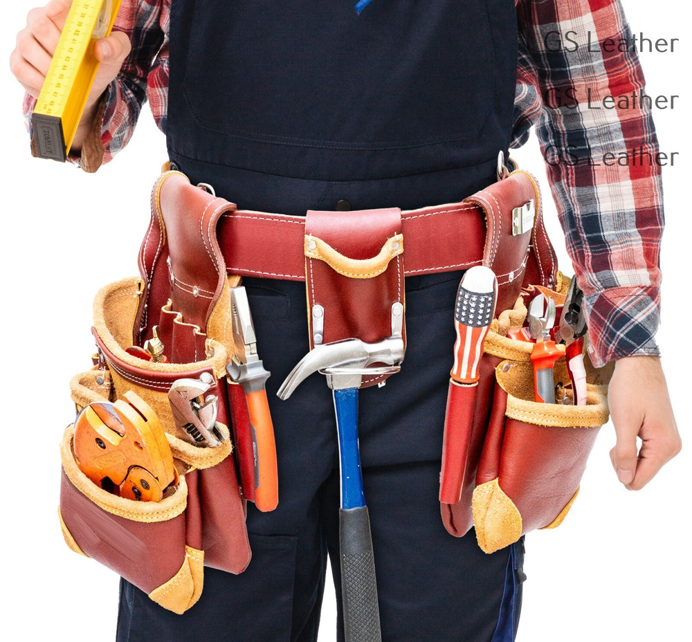 Heavy Duty Leather Carpenter Tool Belt with Pouches – Durable Work Construction