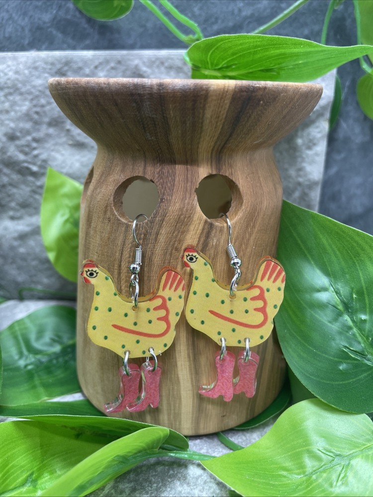 2” Silver-tone Chicken Acrylic Boho Drop Dangle Earring Set New Free Ship C68