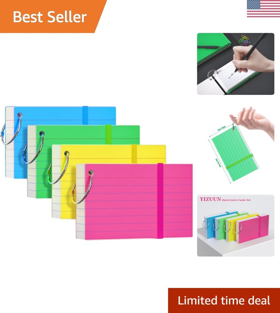 3x5 Flash Cards Set with 4 Color-Coded Rings for Easy Note Organization