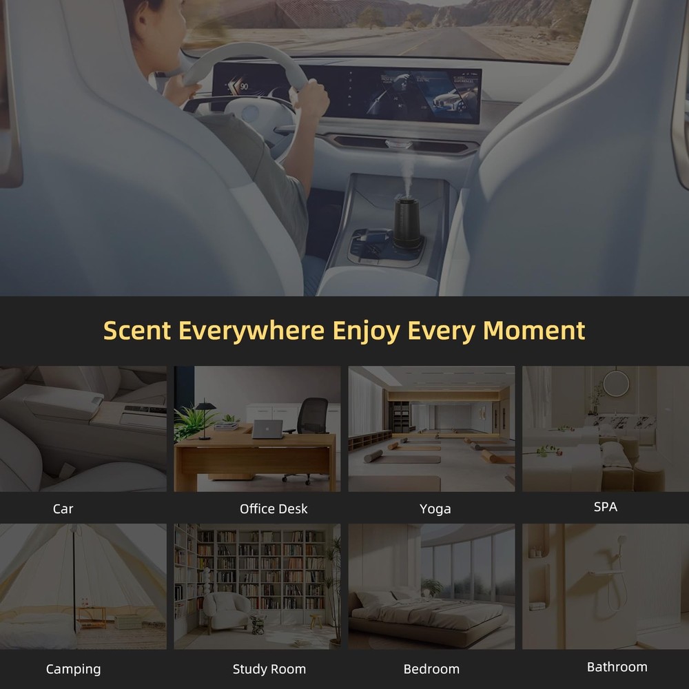 2ndAroma Waterless Oil Diffuser, Portable Car Diffusers for Essential Black