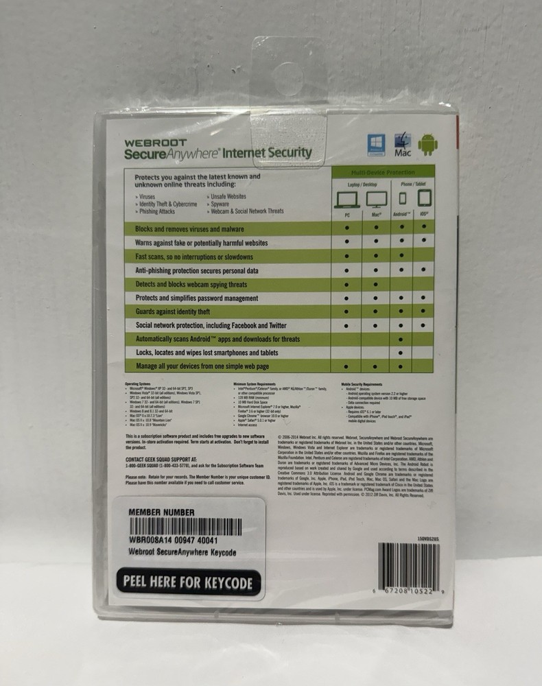 New Webroot SecureAnywhere Internet Security & Antivirus Windows & Mac 3 Devices