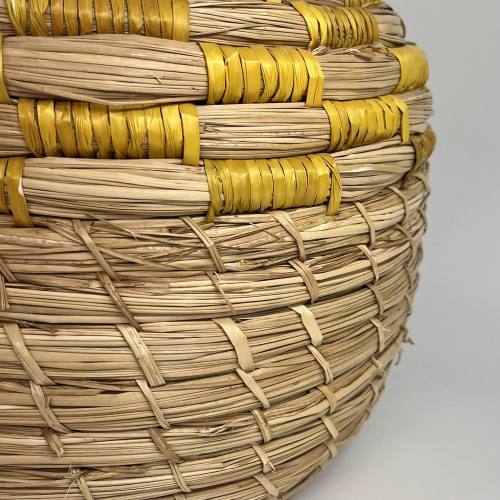 Wicker Coiled Bottleneck Vase 14.5” Floor Tabletop Boho Decor Yellow Stripe