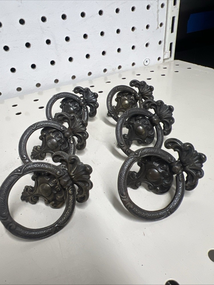Set of 6 Antique Solid Brass Ring Drawer Pulls – 1.5" Wide, 2" Drop