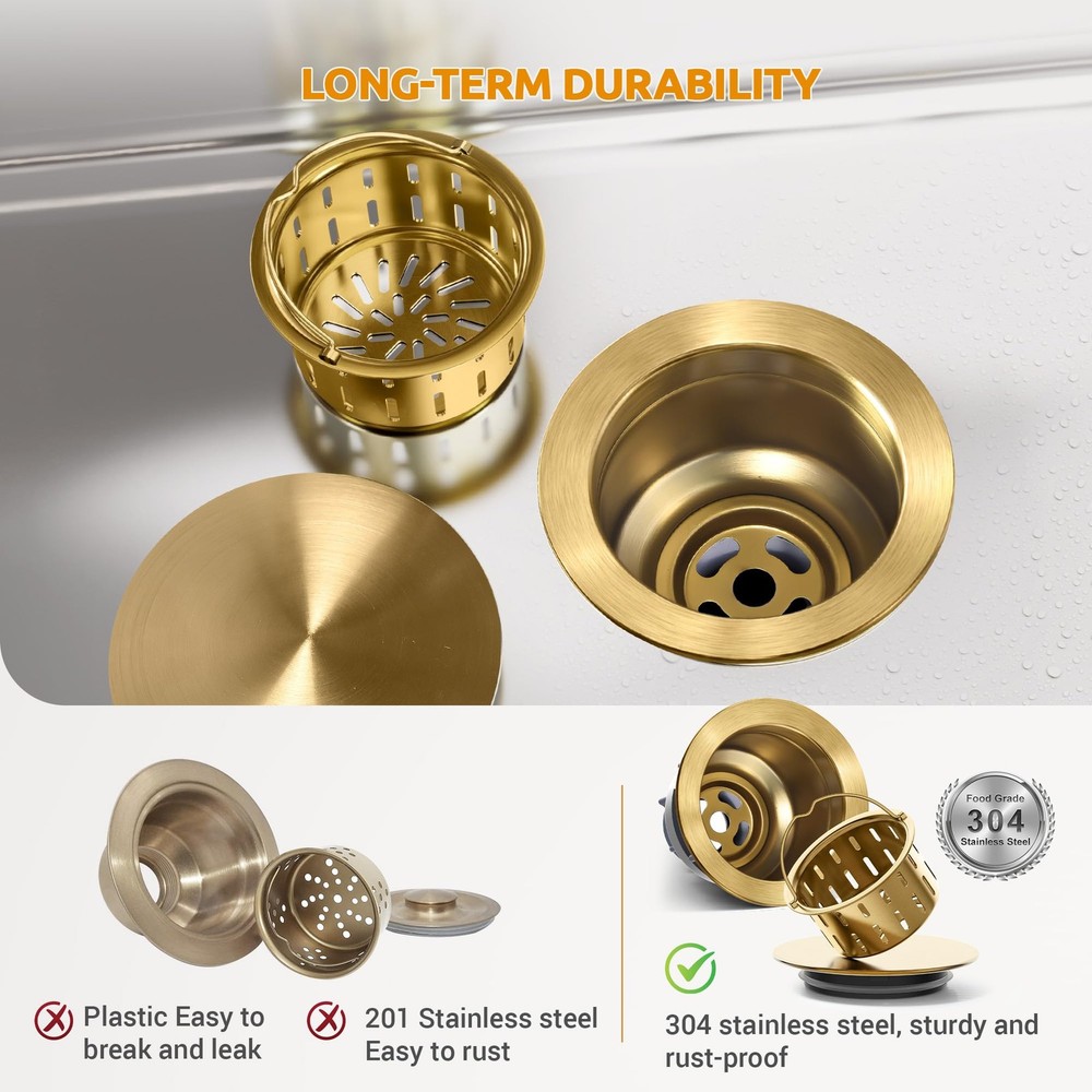 3-1/2'' Kitchen Sink Drain Assembly Kit,Brass-Finish Sink Drain Strainer with...