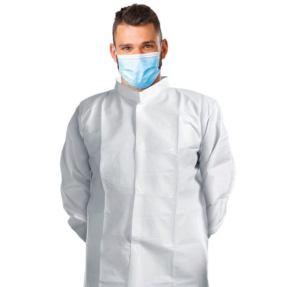 White Disposable Lab Coats Stand Collar Elastic Wrists 60 Count Medium 39 in