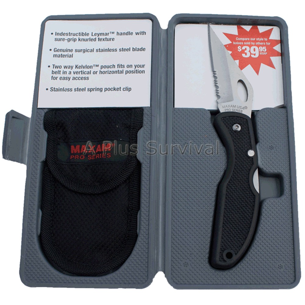 Maxam Pro Series Lockback Knife & Sheath - Half Serrated Blade - Survival Kit