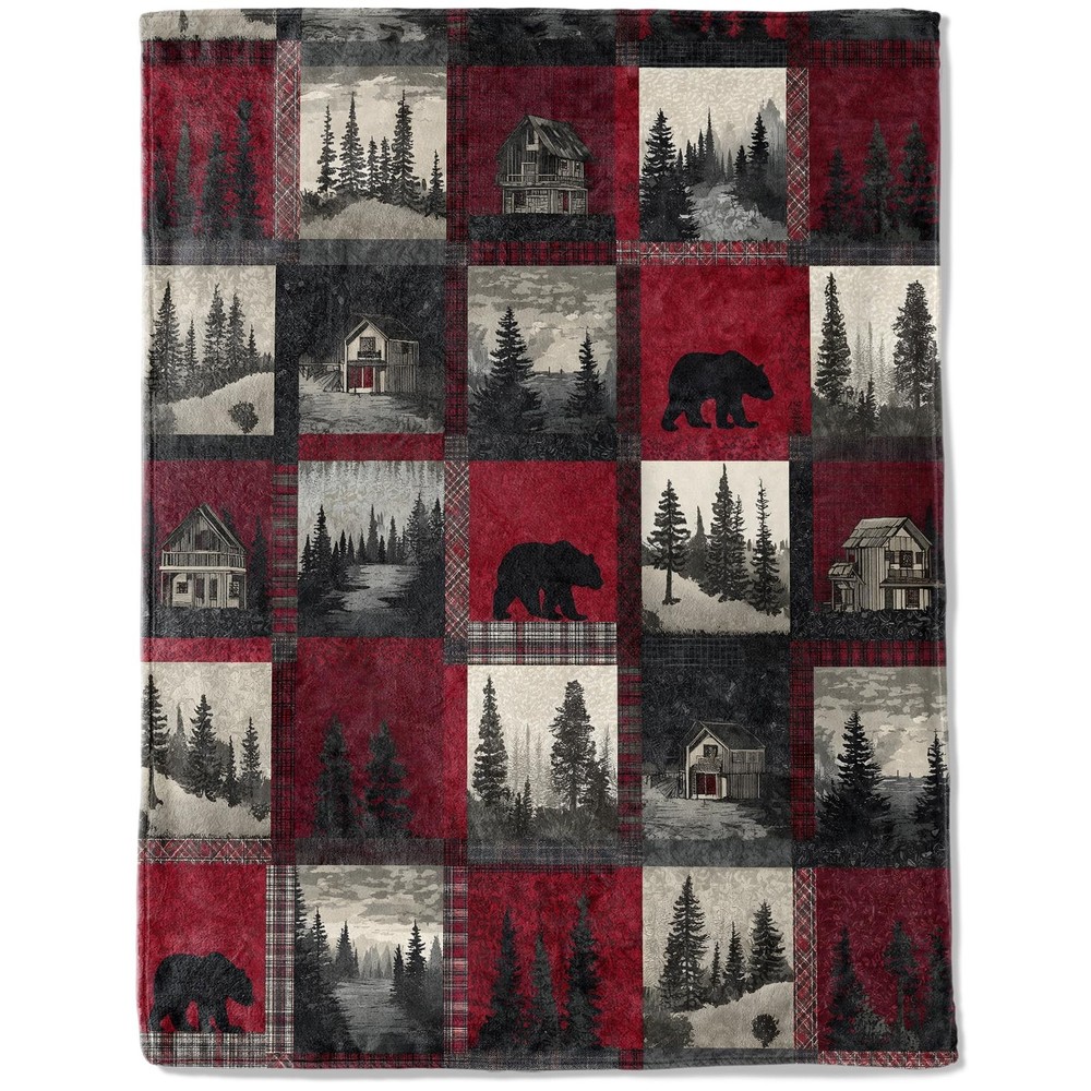 Rustic Christmas Decorative Blanket, Bear Cabin Forest Patchwork Print Throw ...