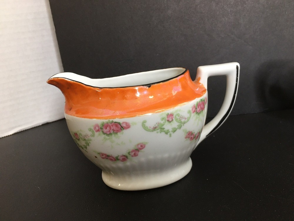 Vintage Germany Creamer & Sugar Roses Lusterware Edging
