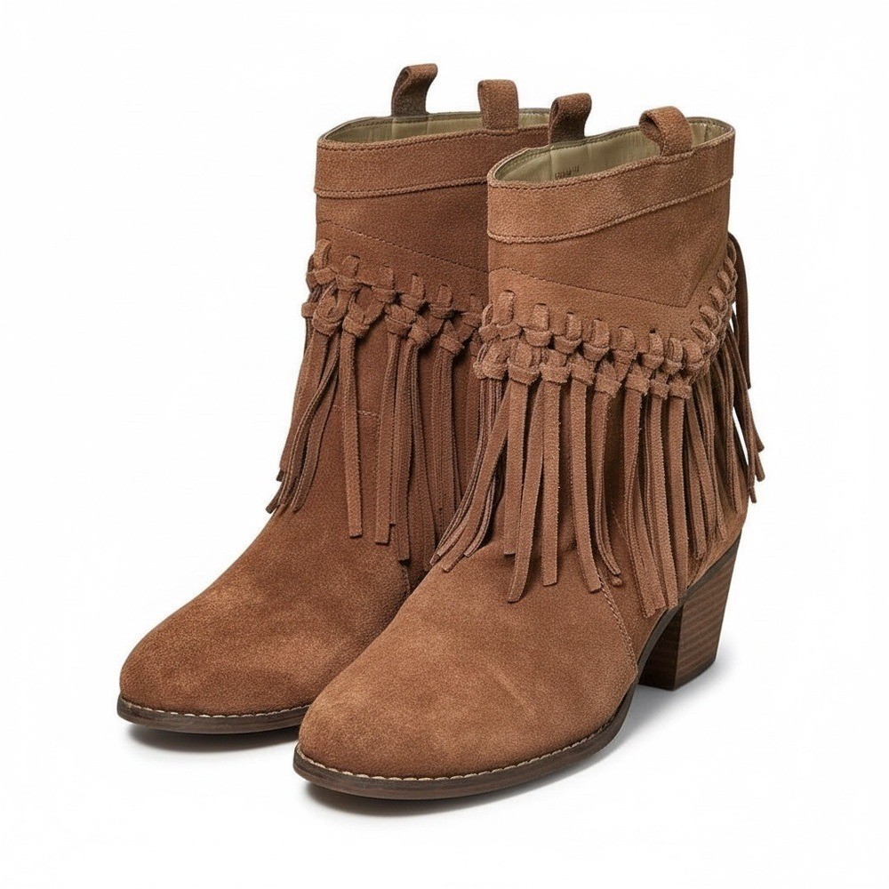 Sbicca Leather Fringe Western Booties Tan Suede Lined Pull-On Boot Size 7.5