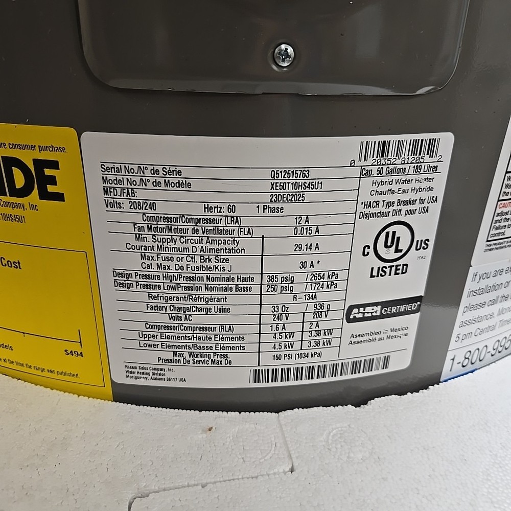 *READ DESC* Rheem Hybrid ProTerra Smart Tank 50 Gal. Water Heater XE50T10HS45U1