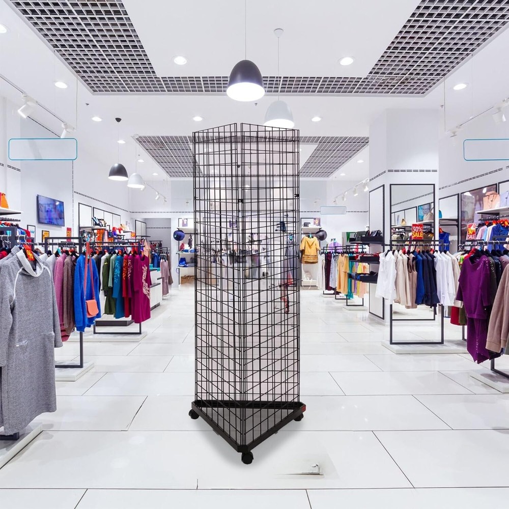 Wire Grid Triangle Tower Display Rack Casters Rolling Castors Black 2' x 5 ½' H