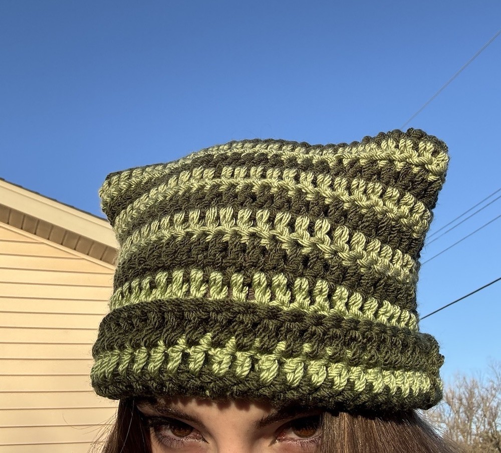 Handmade Crochet Cat Beanie - Light & Dark Green