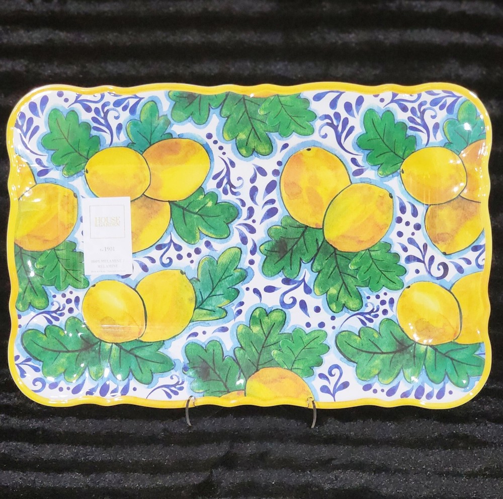 Lemons on Branches Melamine 17" Serving Platter Easter Spring Mediterranean Blue