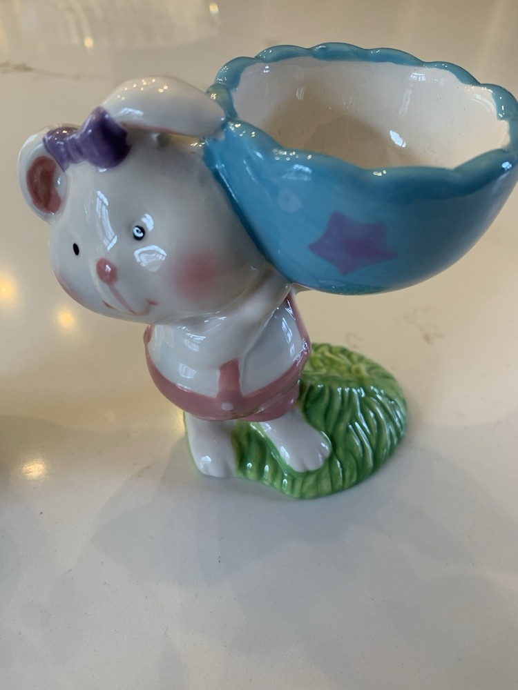 Ceramic Easter Bunny Egg Holders Cute Pink And Blue 3.5” Set Of Two