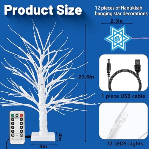 [Timer] 24'' Hanukkah 72 LED Lighted Birch Tree with 12pcs Ornaments,8