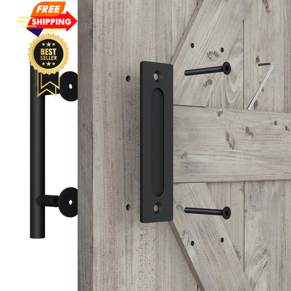 SMARTSTANDARD 2PCS 12" Pull and Flush Barn Door Handle Set, 12 Inch, Black