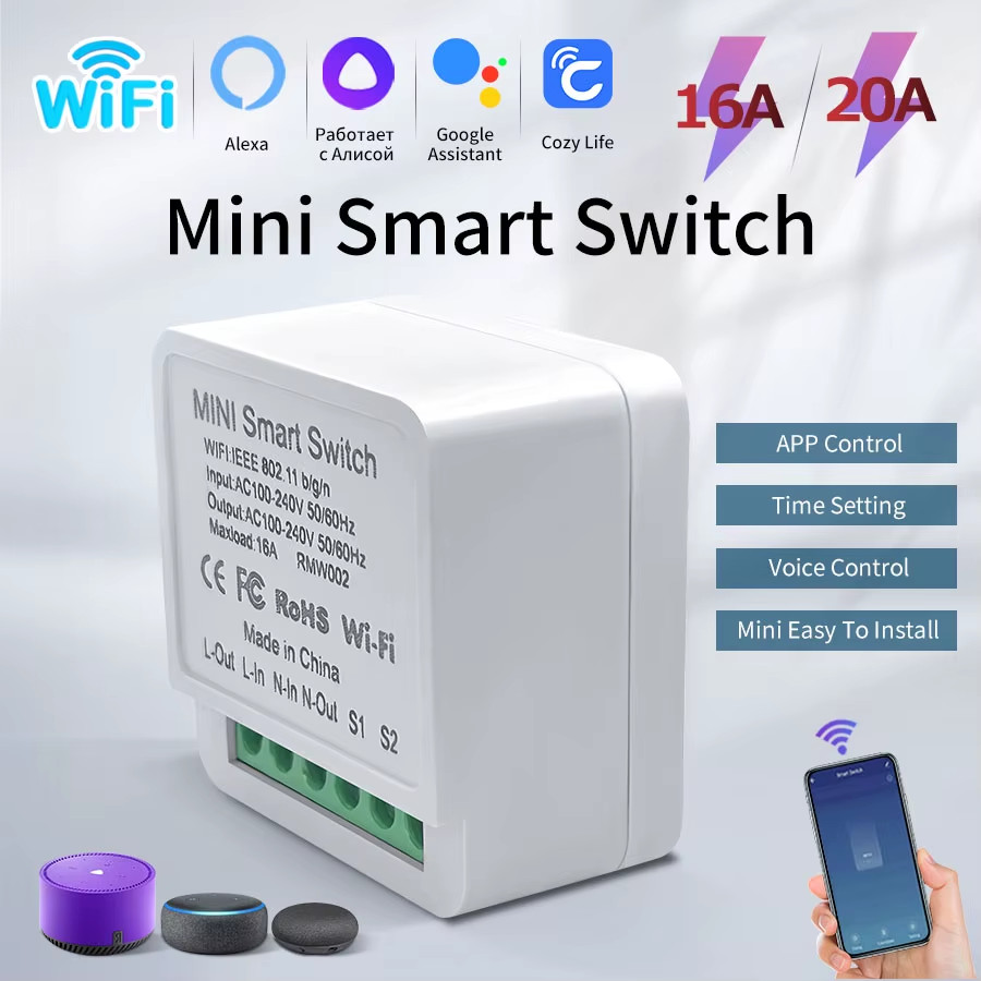 16A/20A Wifi Mini Smart Switch Module 2-Way Control Cozy Life APP Remote Control