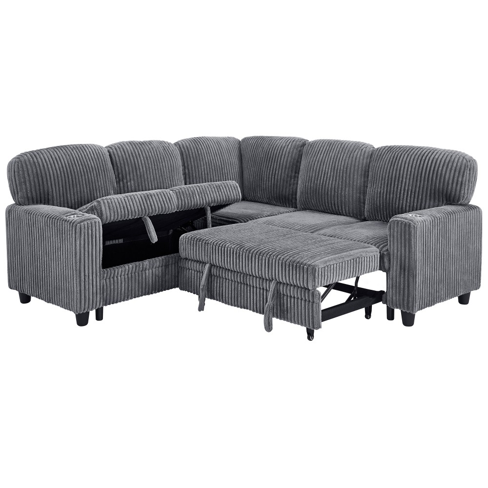 5-Seat L-Shaped Sectional Sofa Bed w/ Pull-Out Bed & USB Charging, Grey