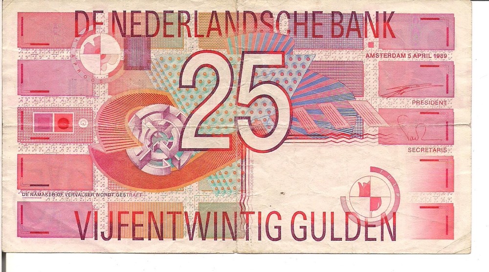 NETHERLANDS , 25 GULDEN, P#100, 1989