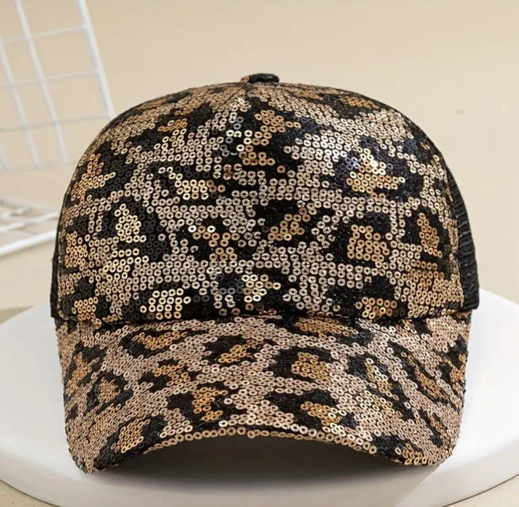 Baseball Cap Leopard Print Cap Hat Mesh, Sequins & Adjustable Back US Seller
