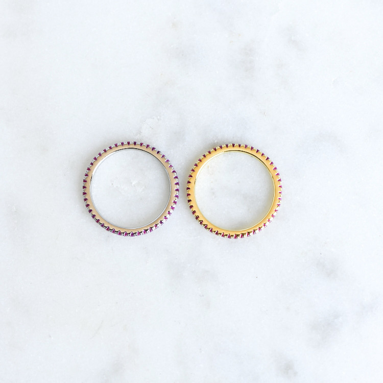 Ruby Band Stackable – Eternity Ruby Silver and Gold Minimalist Ring
