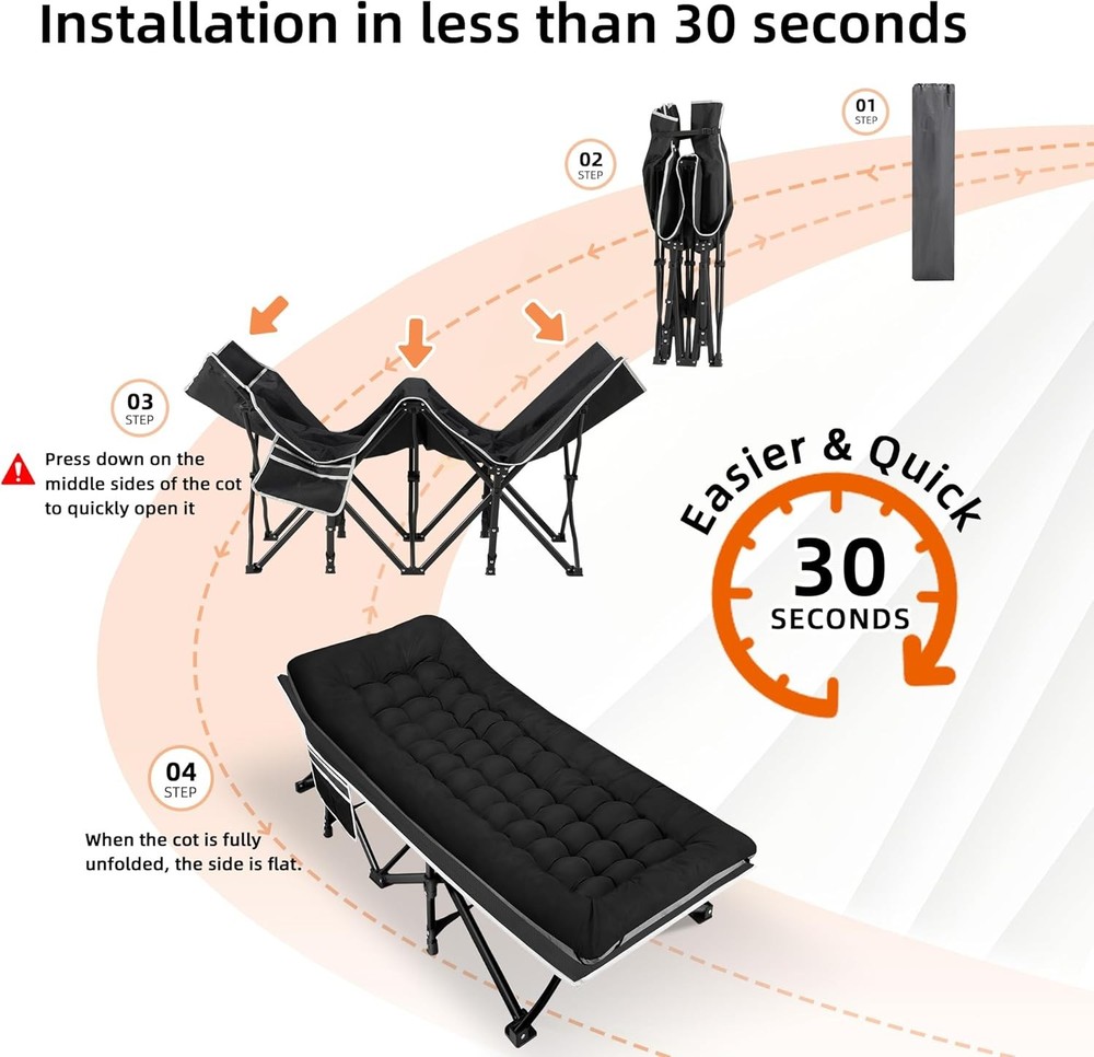 Portable Camping Cot, 600LBS Max Load, Extra Wide with Thick Mattress