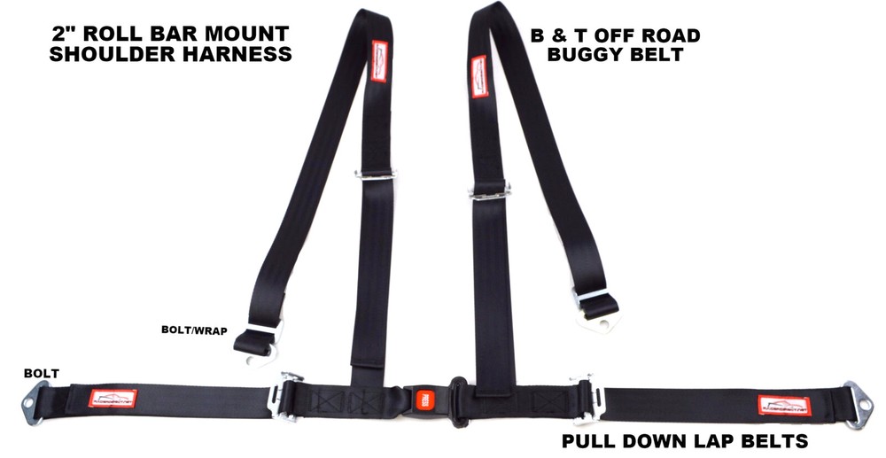 BLACK 4 POINT SEAT BELT HARNESS PULL DOWN LAP BELTS ROLL BAR MOUNT PUSH BUTTON