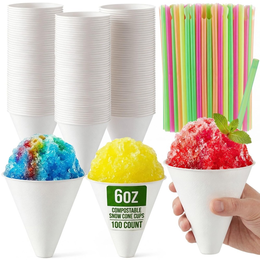 100 Pack 6oz Compostable Snow Cone Cups with Spoon Straws - Biodegradable & No-L