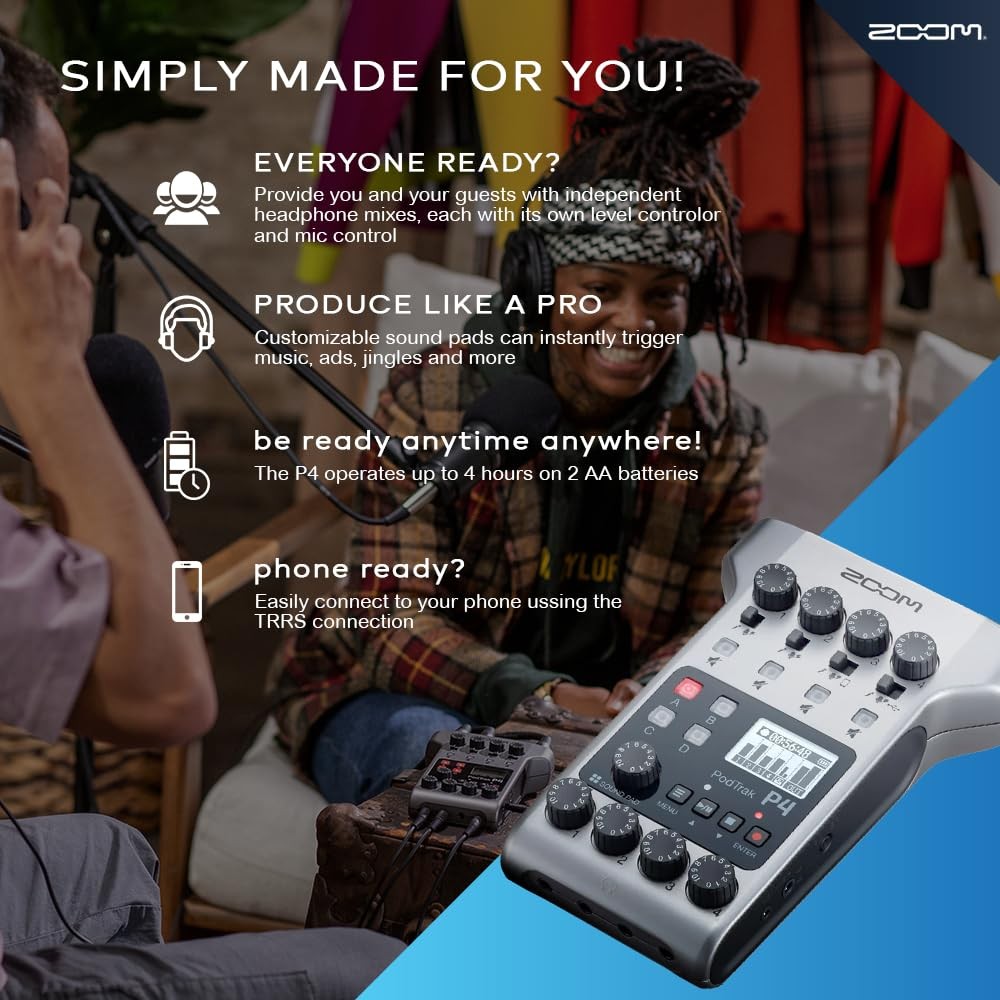 Zoom PodTrak P4 Portable Multitrack Podcast Recorder, Audio Interface w/ 4 Mi...