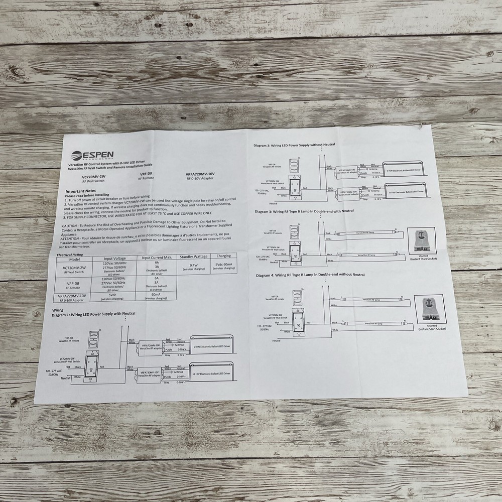 NEW Espen Technology VRF-WM-2W VersaDim RF Control System Wall Switch W/ REMOTE