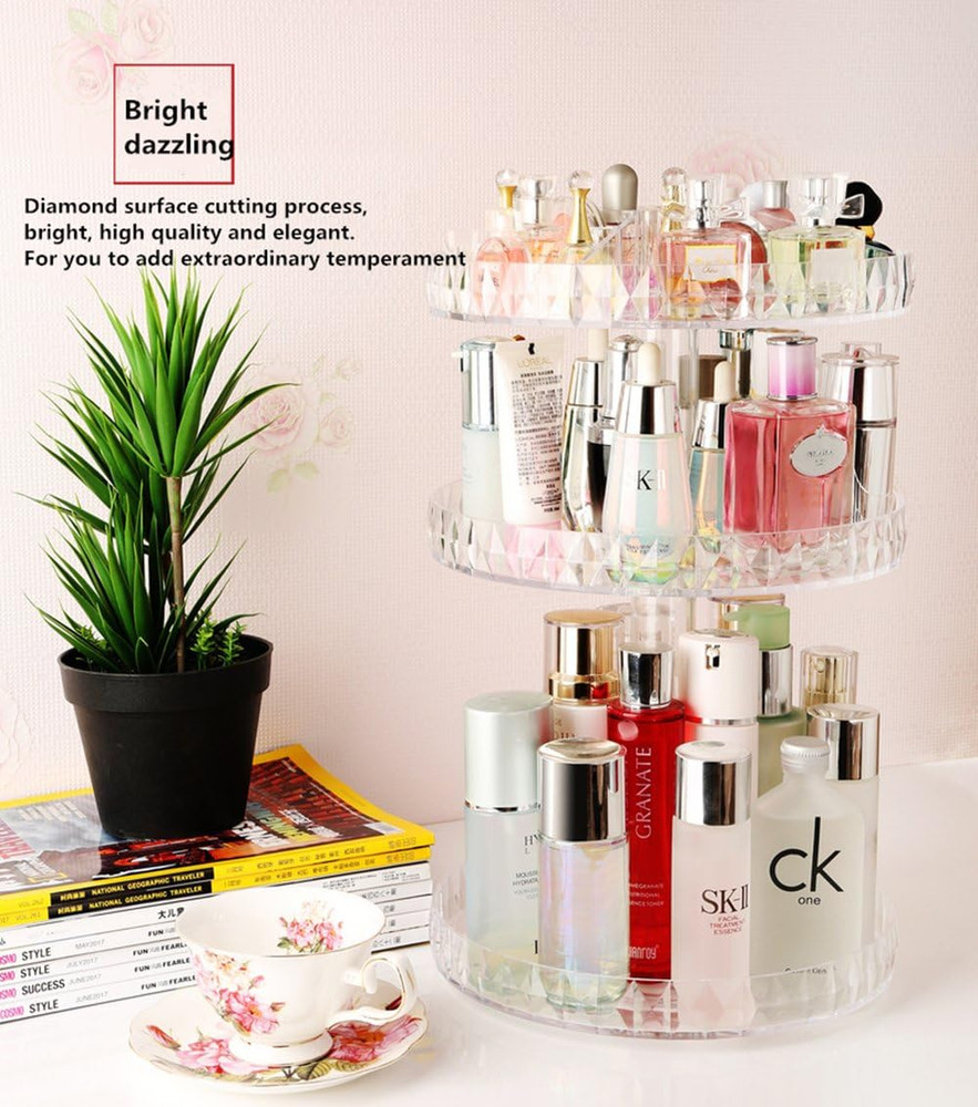 Diamond Pattern Three Layers Perfume Organizer, 360 Rotating Diamond Cosmetic St