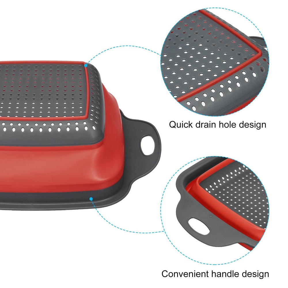 Collapsible Colander Set, 2 Size Silicone Square Foldable Strainer - Red