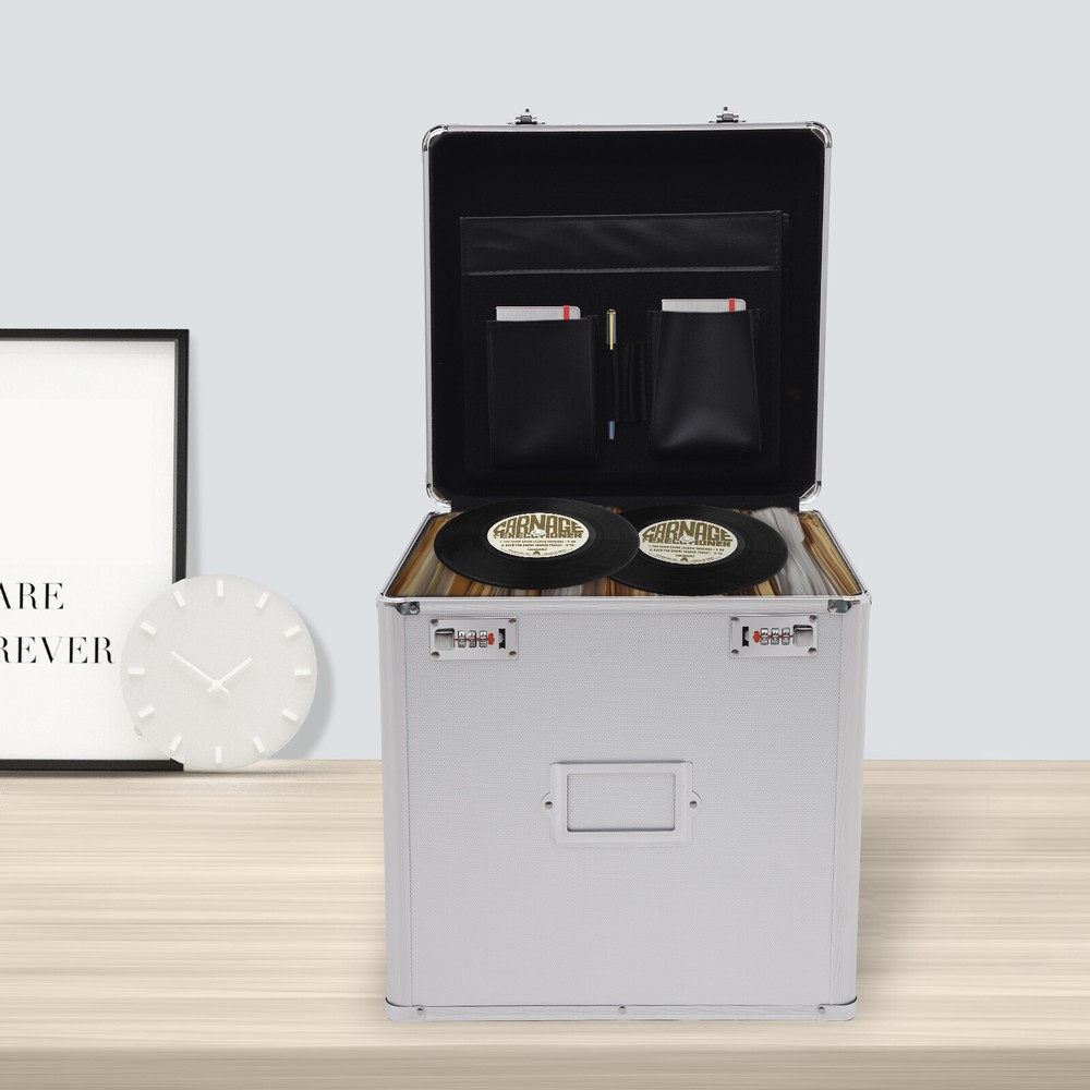 Vinyl Record Storage Box with Combination Lock for 50 Records, Silver