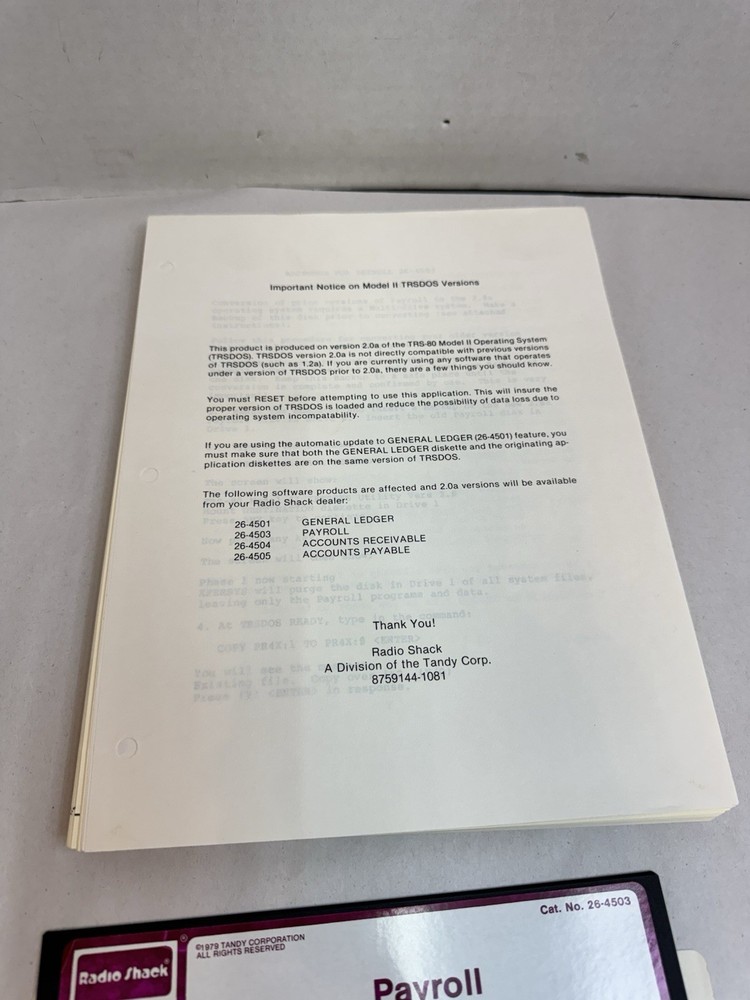Radio Shack TRS-80 Payroll Program Diskette Certified w/ Documentation #20