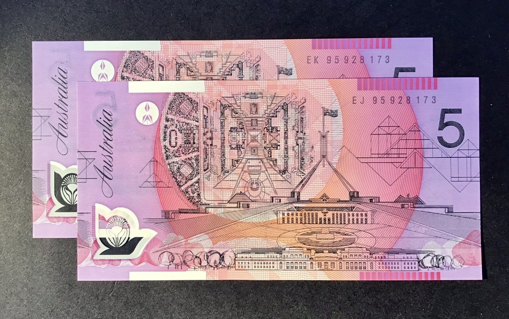 1995 $5 Note Australian Decimal Matched Serial Number Sequential Uncirculated