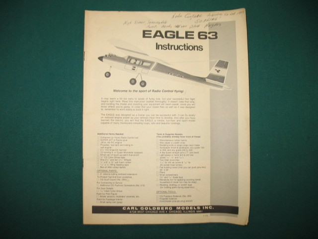 Original Carl Goldberg Eagle 63 RC Model Airplane Building Instructions