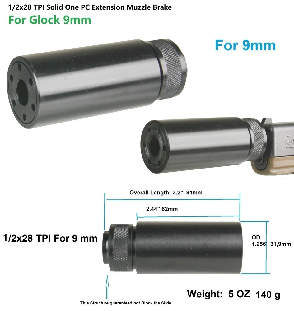 All 9mm 1/2x28 TPI Low Concussion Solid One PC Barrel Extension Muzzle Brake