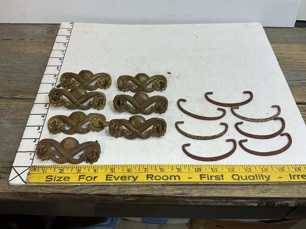 7 VINTAGE STAMPED  BRASS DRAWER PULLS