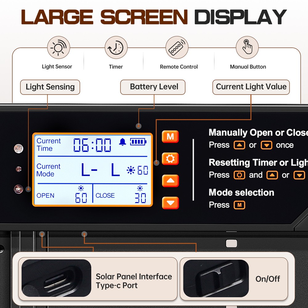 Large Size Solar Powered Automatic Chicken Coop Door with Timer & Light Sensor