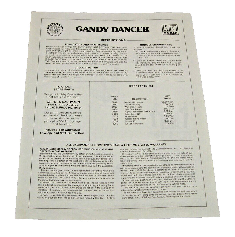 Bachmann #04150 Instruction Sheet for HO Gandy Dancer