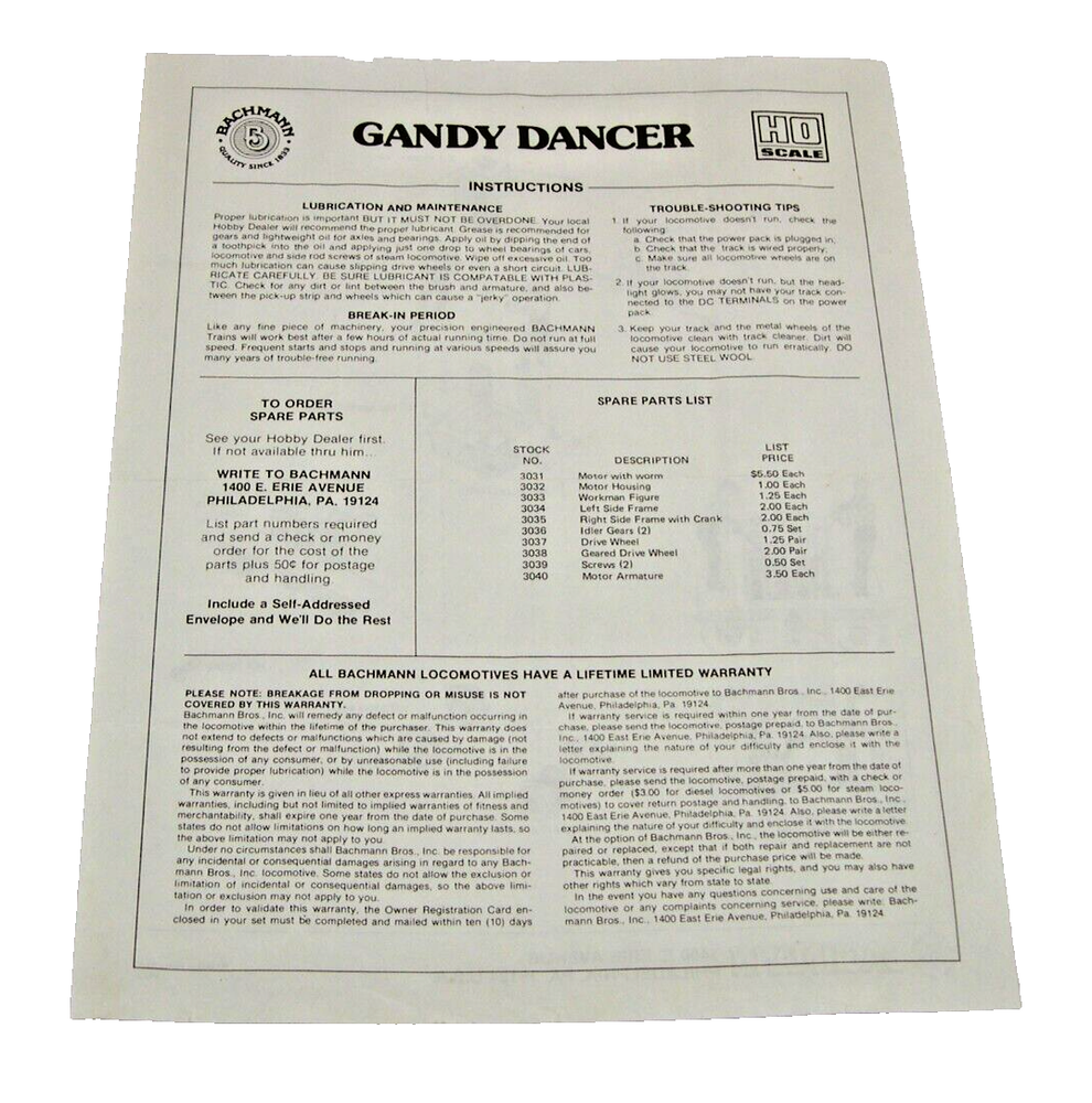 Bachmann #04150 Instruction Sheet for HO Gandy Dancer